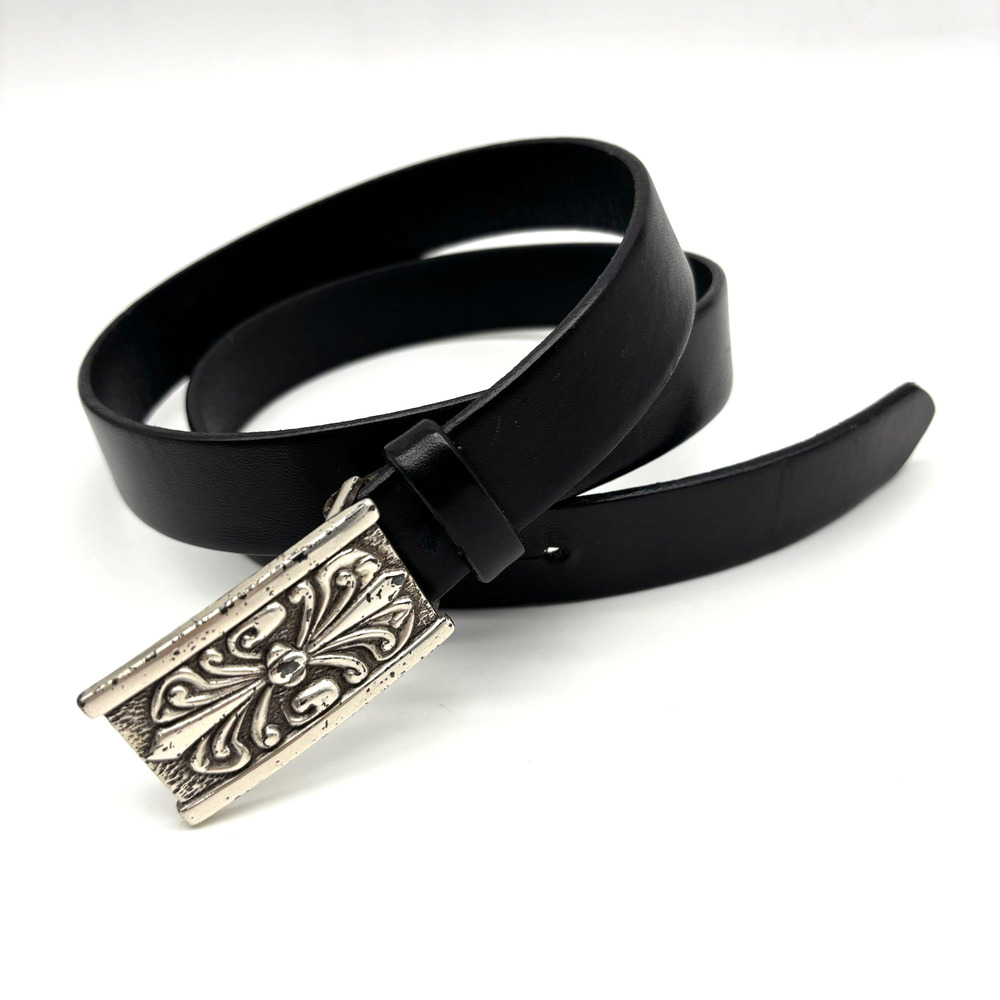 Vintage 90s Black Italian Leather Scrollwork Buckle Belt L 31-35" Made in USA